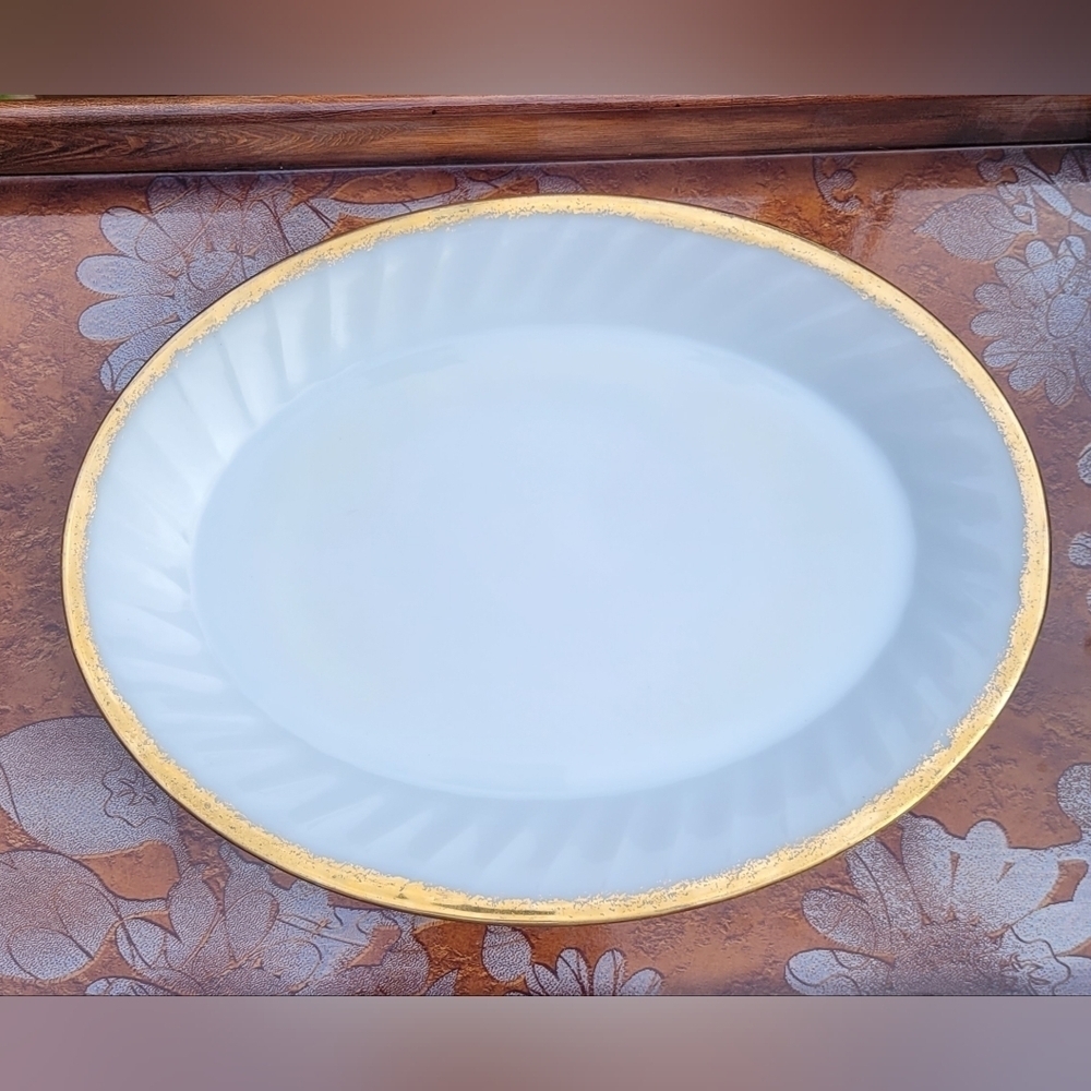Fire King Milk Glass Swirl‎ Gold Rim Platter Golden Anniversary Anchor Hocking